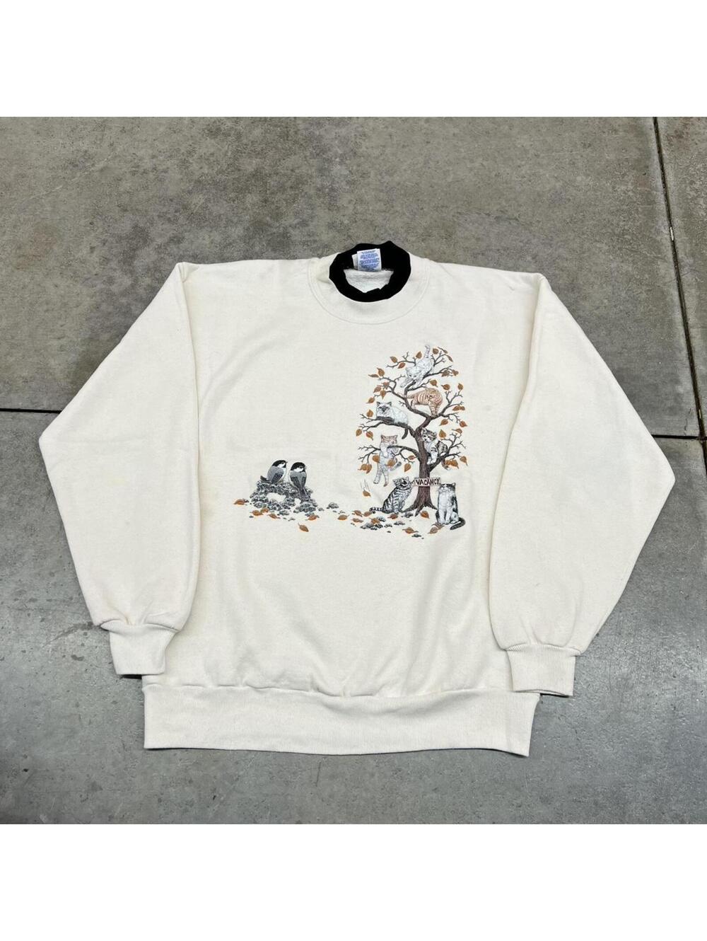 vintage kitten nature animal white bird made in usa white crewneck size large